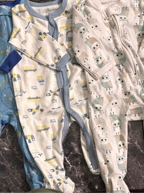 Baby Footed One-Piece Pajama - White with Blue and Beige Prints
